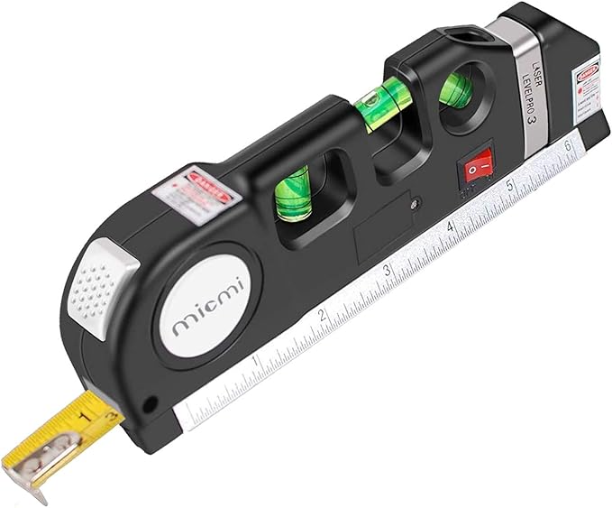 4-in-1 Laser Level Measuring Tool – With 10ft Tape, Triple Bubble Level & Laser Guide
