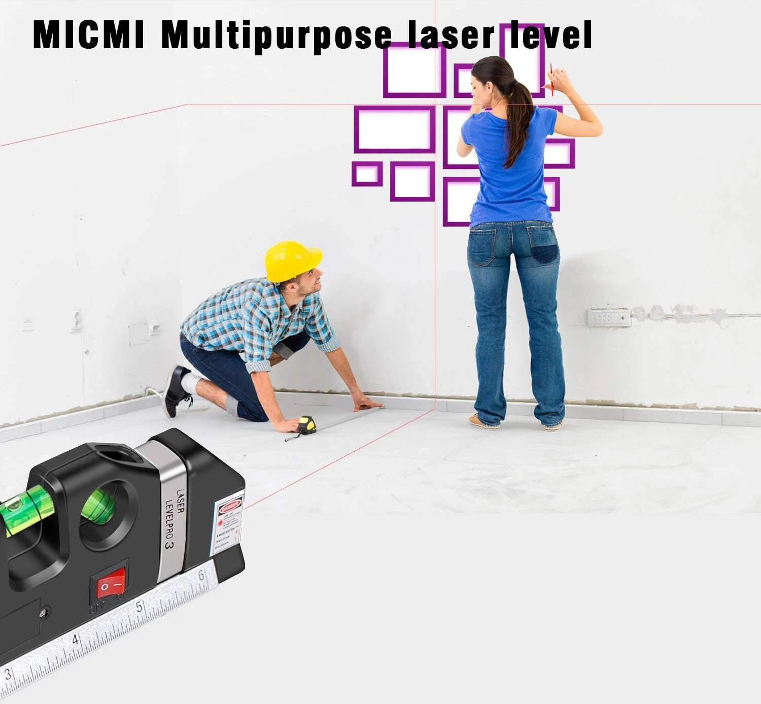 4-in-1 Laser Level Measuring Tool – With 10ft Tape, Triple Bubble Level & Laser Guide